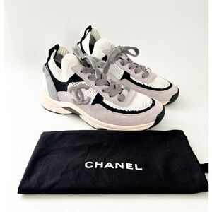 Chanel CC Tennis Shoes Suede Knit Trainer Sneaker Eu 38 US 7-7.5